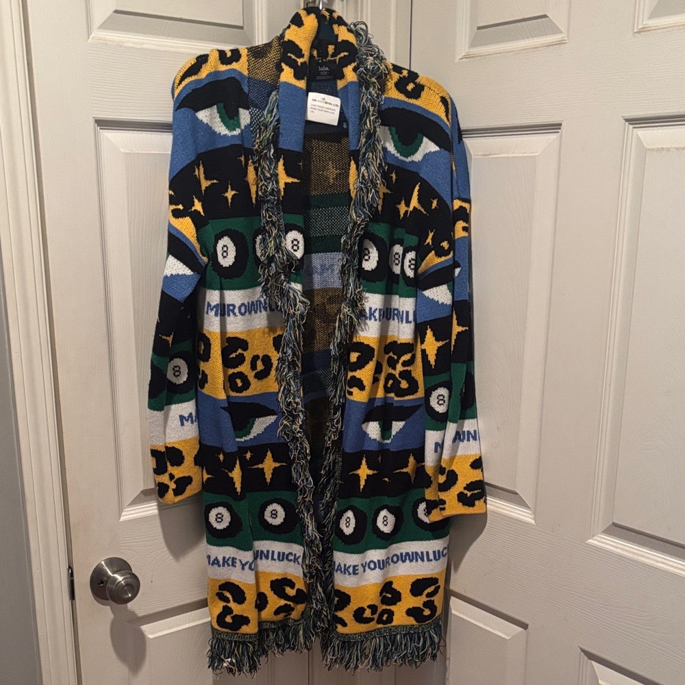 New with tags Colorful Patterned Cardigan with Evil Eye, Leopard print, 8 ball